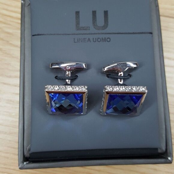 LINEA UOMO Mens Silver Blue Square Crystal Cufflinks Rhinestone Trim Cuff Links - Picture 3 of 5